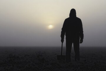 Faceless Figure Holding Spade in Foggy Landscape