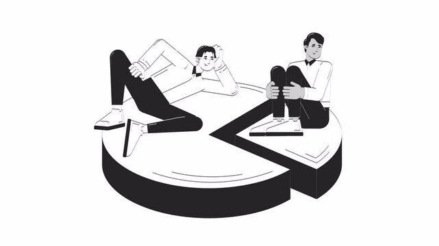 Corporate financial disparity doodle outline animation. Two professionals seated on unequal segments of pie chart 4K video motion graphic. Pay inequity animated sketch 2D concept isolated on white