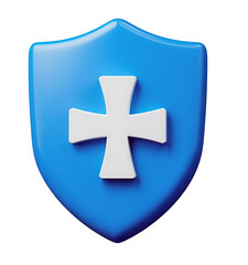 Fototapeta premium Blue Shield Icon 3D Render White Cross Symbol Protection Security Safety Healthcare Medical App Design Digital Graphic Element Modern Minimalist Interface User Experience Clean Design Abstract 