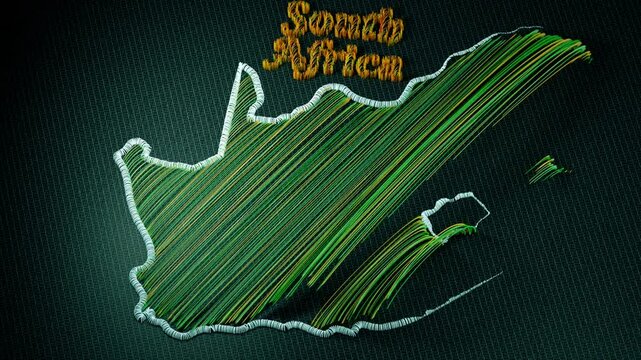3D animation of an embroidered map of South Africa. The colorful threads and fabric are shown from various perspectives, with motion effects highlighting the details and the word South Africa.