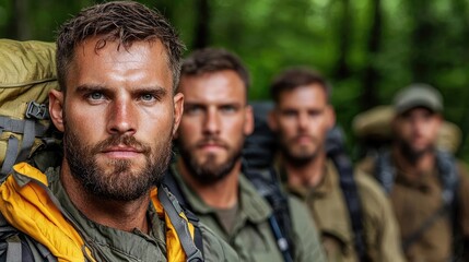 Fototapeta premium Soldiers in forest, mission briefing, teamwork, camouflage, preparedness, military operation, stock photo