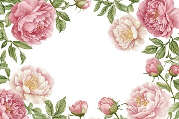Beautiful Peony Flowers in Soft Pink and Cream Colors Framing a Blank White Background Ideal for Invitations, Stationery, and Floral Designs