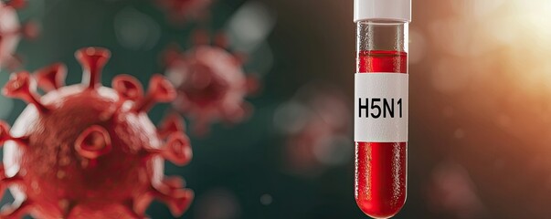 Avian Flu monitoring concept. A test tube labeled H5N1 is filled with red liquid, set against a blurred background featuring viral particles, symbolizing avian influenza.