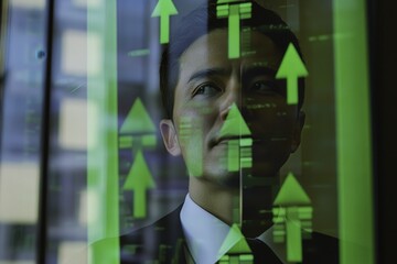 Businessman with Data Overlay in Modern Office Setting