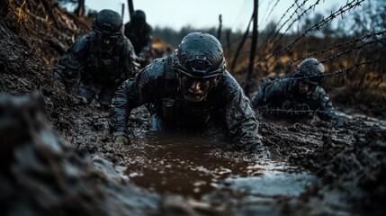 Muddy Soldiers Crawling Through Trench, Barbed Wire, Military Obstacle