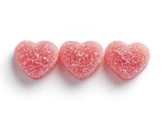 Obraz premium Three Colorful Heart-Shaped Gummies on a Clean Background Perfect for Valentine's Day or Romantic Celebrations and Delicious Treats for Sweet Lovers