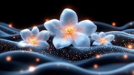 Luminous blossoms on a dark undulating surface, glowing with inner light, surrounded by sparkling particles