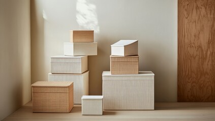 Set of rattan storage boxes and baskets in different sizes for organized display