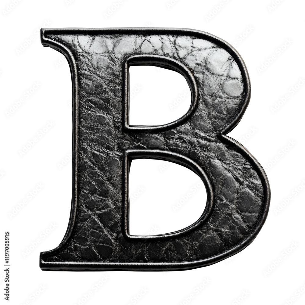 Poster a three dimensional uppercase letter b rendered in a black leather texture with a metallic border.