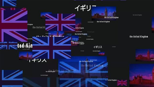 イギリス国旗(ユニオンジャック)とビックベンのパーティクルアニメーション。イギリスの象徴とラウンドマークUK