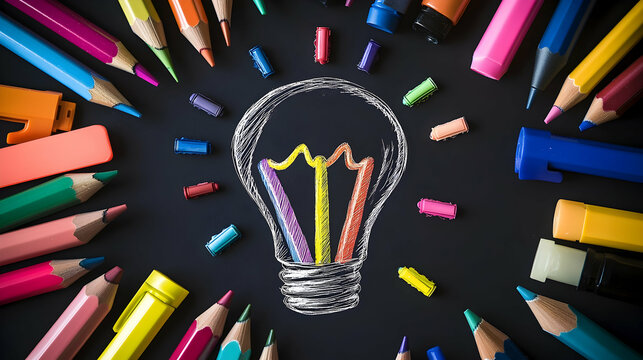 A light bulb outline formed with pencils and pens surrounded by colorful erasers and markers, symbolizing creative ideas