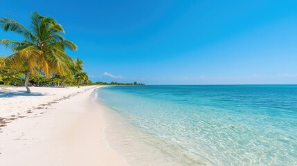 Fototapeta premium Lush green palm trees line a pristine white sand beach next to calm turquoise ocean water under a clear blue sky.