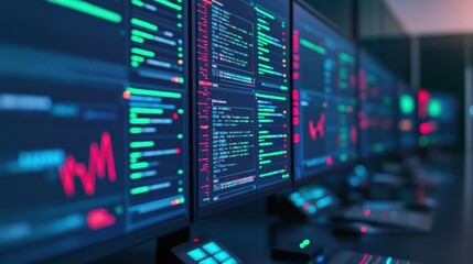 Fototapeta premium Futuristic Control Room with Multiple Monitors Displaying Data Analysis and Stock Market Trends in Neon Colors