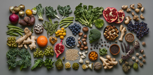 Fototapeta premium Healthy food choices featuring fruits, vegetables, seeds, superfoods, cereals, and leafy greens.