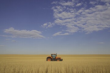 Tractor in Golden Wheat Field Under Blue Sky