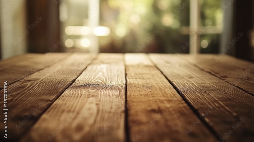 Poster Rustic wooden table surface with ample empty space for text in a warm interior setting. Generative AI