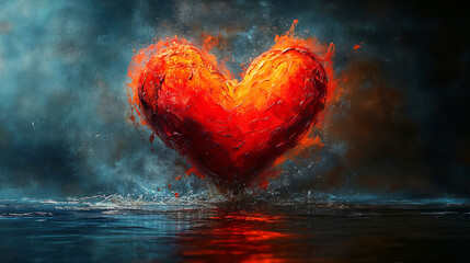 Dynamic digital art illustration of a fiery heart emerging from water against a dramatic dark background