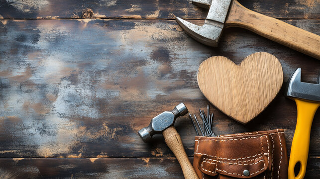 A flatlay displaying a tool belt, hammer, nails, and a small wooden heart, with room for a Father's Day message on one side