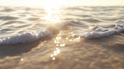 Soft Ocean Waves with Sunlight Reflections at Golden Hour