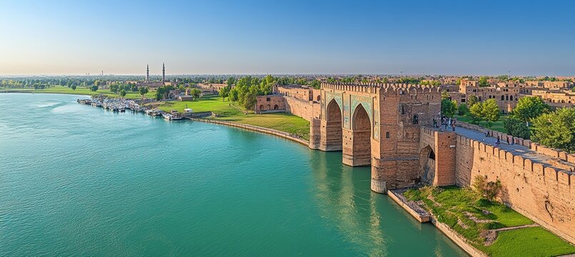 Si-o-se Pol Bridge and Zayandeh River at sunset, Isfahan - Major tourist attraction in Iran.