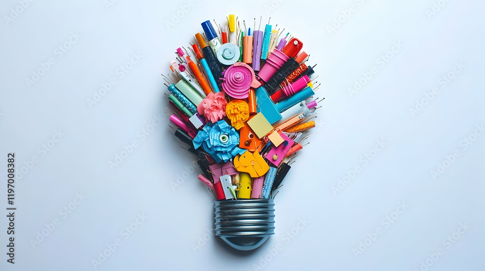 Sticker a unique idea of a light bulb shape made with stationery items like markers, push pins and sticky no