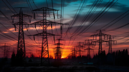 a sunset behind power lines