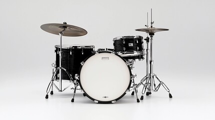 Black drum kit with cymbals on white background. (1)