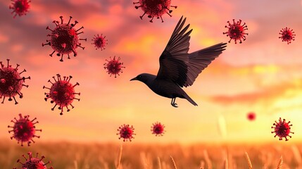 Avian Flu concept. A bird flies against a sunset backdrop, surrounded by stylized representations of viruses, symbolizing nature amidst health challenges.