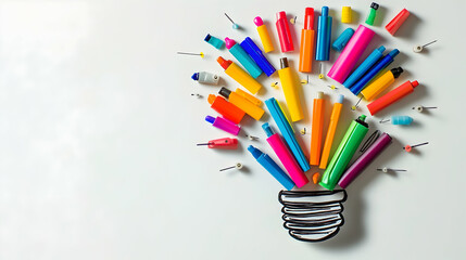 A vibrant light bulb shape formed with colorful markers, erasers and push pins on a bright white surface
