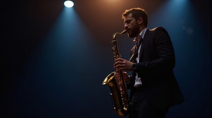 Naklejka premium Musician plays saxophone on stage during a jazz performance with dramatic lighting and focus