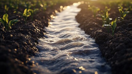 Fresh Water Flowing Through Green Crop Fields at Sunrise