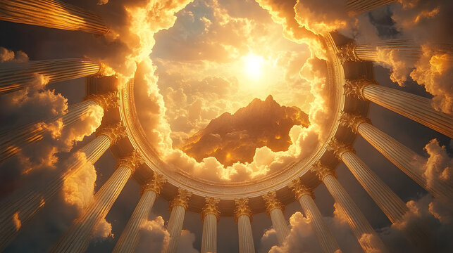 The Olympian gods in a circular formation, surrounded by marble columns and swirling clouds, deciding the fate of mortals below, with Mount Olympus glowing in golden light