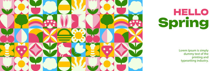 The banner template with Seamless Spring Pattern, Geometric Icons and Nature Symbols