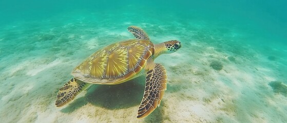 Obraz premium Majestic Sea Turtle Gracefully Swimming in Crystal Clear Ocean Waters