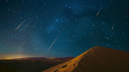 Naklejka premium Meteors lighting up the night sky above a quiet desert, with sand dunes softly glowing under their light.