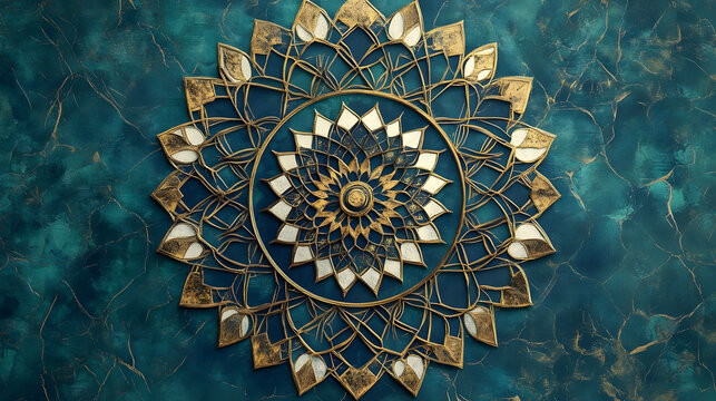 An intricate mandala design with repeating geometric patterns in gold, white, and navy, set against a textured teal background to evoke a sense of symmetry and serenity 