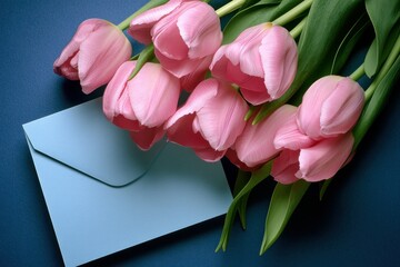 Elegant Arrangement of Pink Tulips Beside a Soft Blue Envelope on a Dark Blue Background, Perfect for Spring Greetings and Floral Inspiration