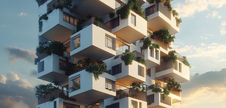 A visually captivating urban building showcasing unique balcony arrangements