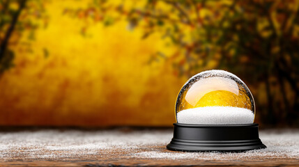 whimsical snow globe scene with glowing yellow orb, softly illuminated against warm, blurred background. snow gently settles, creating serene atmosphere