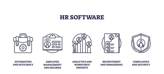 HR software icons depict automation, employee management, and analytics, transparent background. Outline icons set.