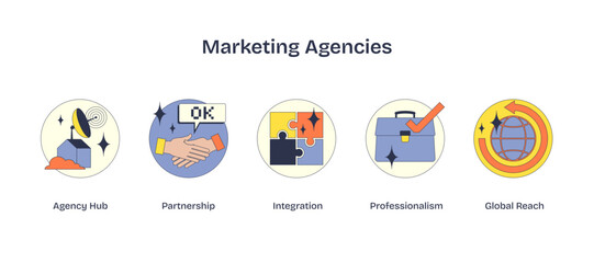 Marketing Agencies icons show agency hub, partnership, integration, professionalism, and global reach, transparent background.