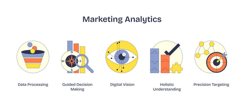 Marketing Analytics icons show data, magnifying glass, and target, transparent background.