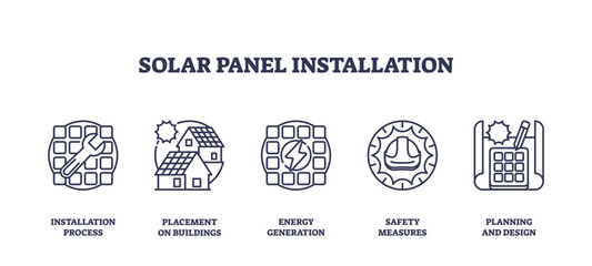 Solar panel installation icons show tools, buildings, and energy symbols, transparent background. Outline icons set.