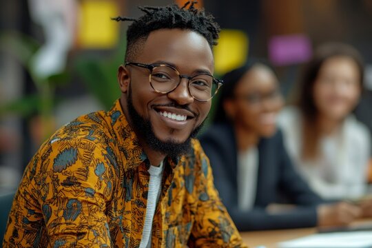 Happy black businessman and his coworkers analyzing mind map during meeting at casual office. Generative AI