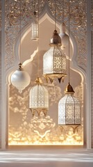 Ornate Lanterns in an Archway for Ramadan Kareem Islamic Festival Celebration.