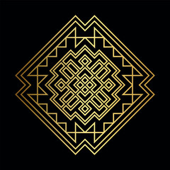 Golden decorative Victorian square ornament. Vector on a black background