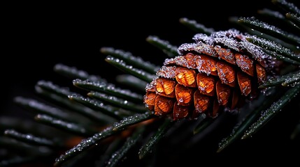 Frozen pine cone on branch, close-up.