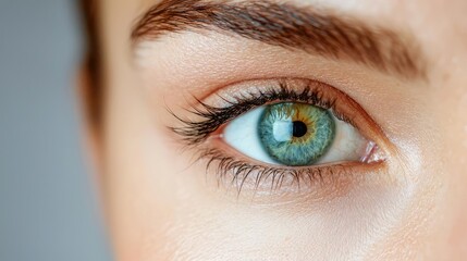 Obraz premium Close-up of a woman's captivating green eye, gazing sideways, against a neutral backdrop. Use Ophthalmology, beauty