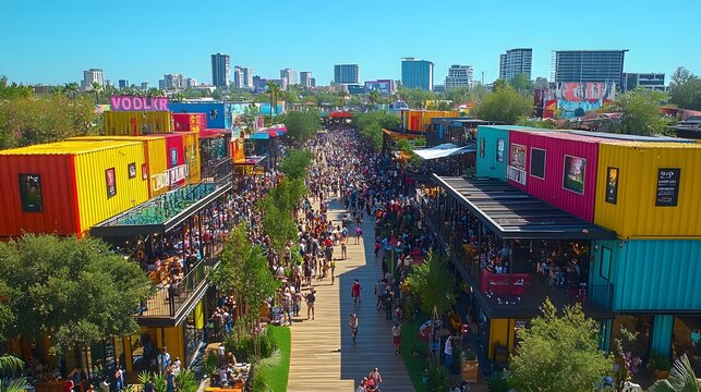 An aerial shot of the festival grounds showcasing art installations and stages surrounded by crowds