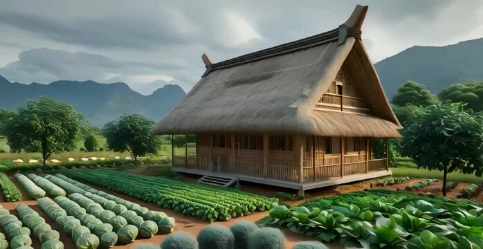 a traditional wooden house with a thatched roof, surrounded by a lush garden with rows of vegetables and fruit trees. The background should show a mountain range with a cloudy sky